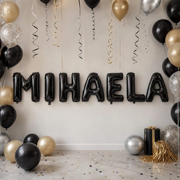 Baloane Folie Metalizate, Flippy, Set MIHAELA, Heliu sau Aer, Pai inclus, 40 cm, Negru