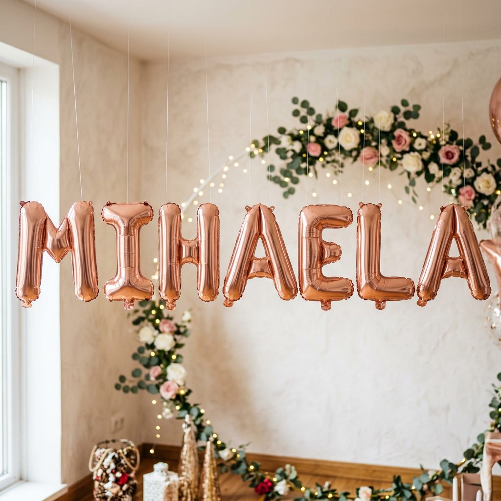 Baloane Folie Metalizate, Flippy, Set MIHAELA, Heliu sau Aer, Pai inclus, 40 cm, Rose Gold