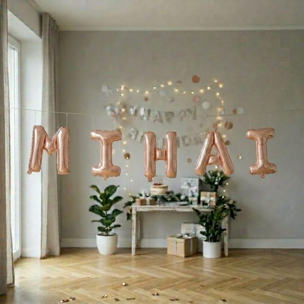 Baloane Folie Metalizate, Flippy, Set MIHAI, Heliu sau Aer, Pai inclus, 40 cm, Rose Gold