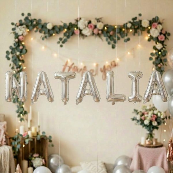 Baloane Folie Metalizate, Flippy, Set NATALIA, Heliu sau Aer, Pai inclus, 40 cm, Argintiu