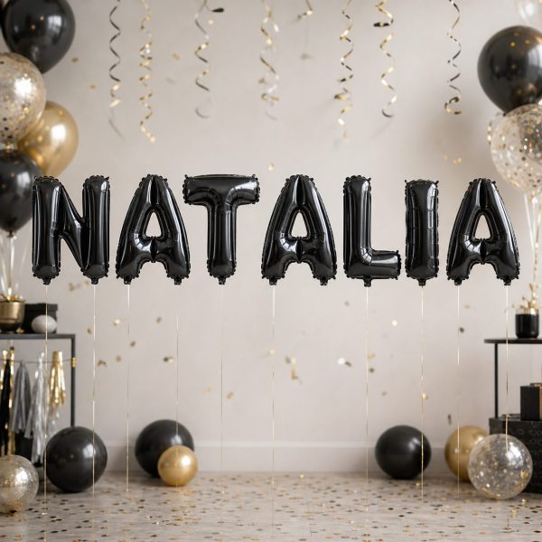 Baloane Folie Metalizate, Flippy, Set NATALIA, Heliu sau Aer, Pai inclus, 40 cm, Negru