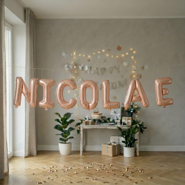 Baloane Folie Metalizate, Flippy, Set NICOLAE, Heliu sau Aer, Pai inclus, 40 cm, Rose Gold
