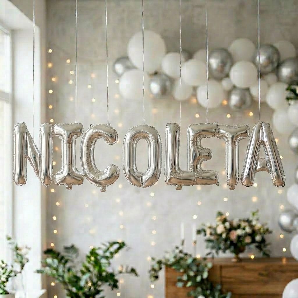 Baloane Folie Metalizate, Flippy, Set NICOLETA, Heliu sau Aer, Pai inclus, 40 cm, Argintiu