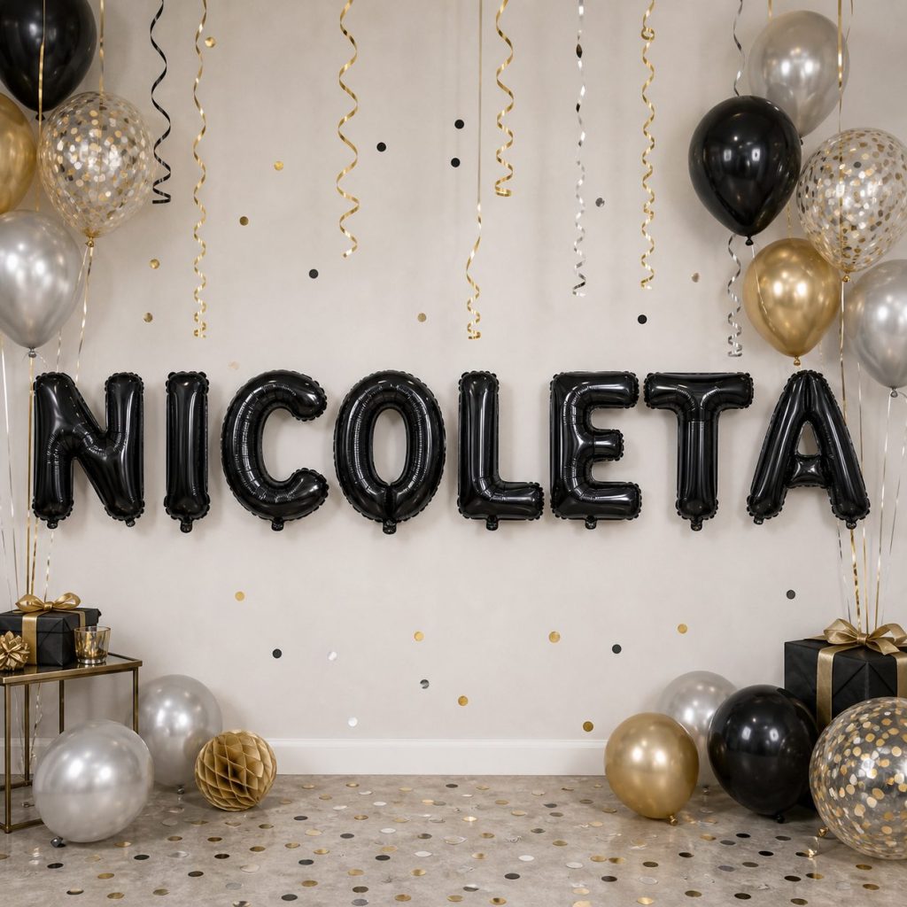 Baloane Folie Metalizate, Flippy, Set NICOLETA, Heliu sau Aer, Pai inclus, 40 cm, Negru