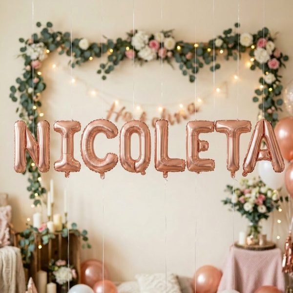 Baloane Folie Metalizate, Flippy, Set NICOLETA, Heliu sau Aer, Pai inclus, 40 cm, Rose Gold