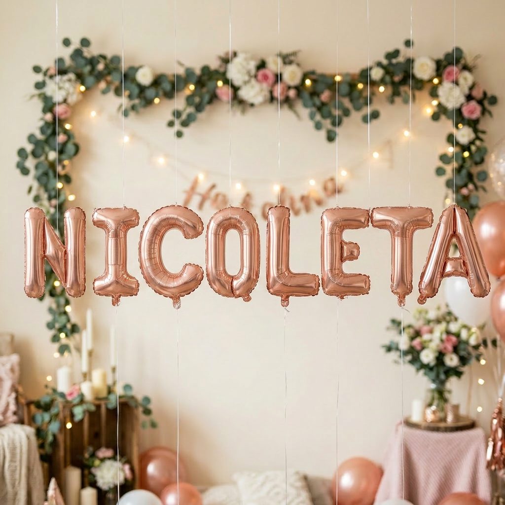 Baloane Folie Metalizate, Flippy, Set NICOLETA, Heliu sau Aer, Pai inclus, 40 cm, Rose Gold