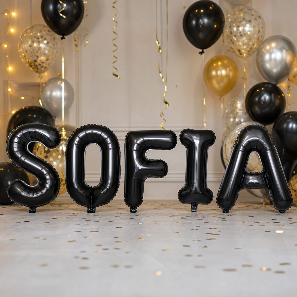 Baloane Folie Metalizate, Flippy, Set SOFIA, Heliu sau Aer, Pai inclus, 40 cm, Negru