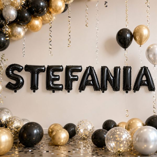 Baloane Folie Metalizate, Flippy, Set STEFANIA, Heliu sau Aer, Pai inclus, 40 cm, Negru
