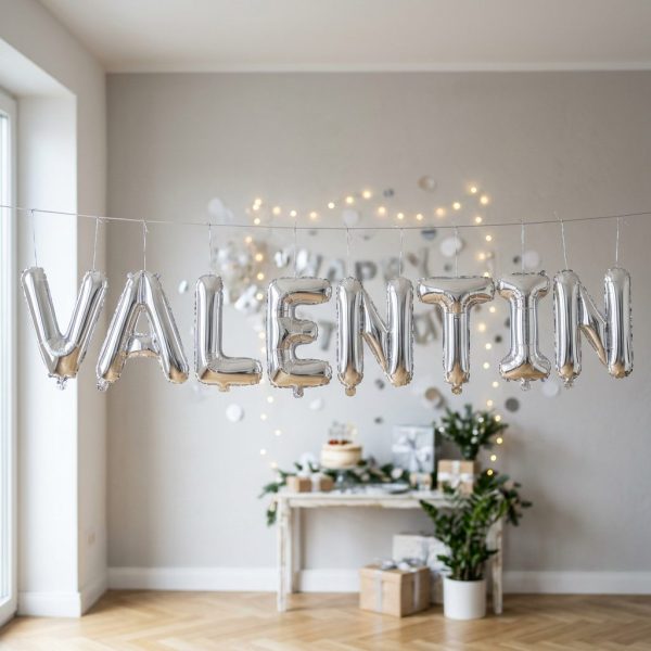 Baloane Folie Metalizate, Flippy, Set VALENTIN, Heliu sau Aer, Pai inclus, 40 cm, Argintiu