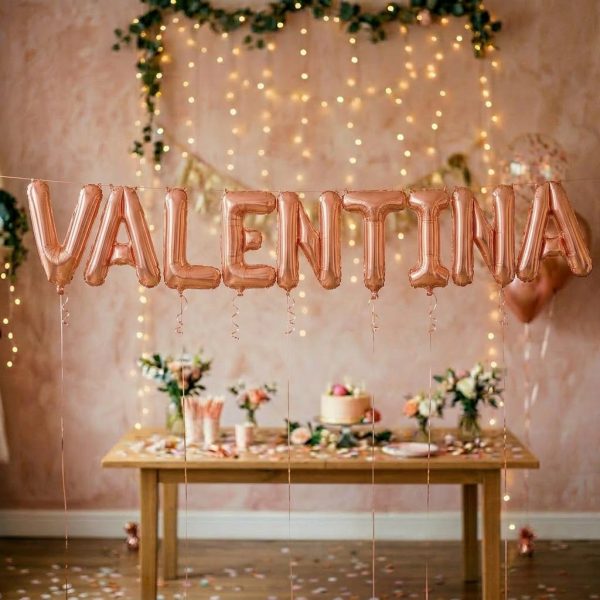 Baloane Folie Metalizate, Flippy, Set VALENTINA, Heliu sau Aer, Pai inclus, 40 cm, Rose Gold