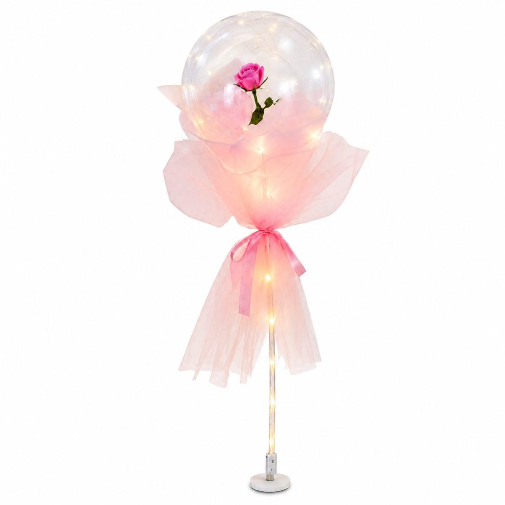 Balon Cadou cu Trandafir Roz, Flippy, Tip Popo Ball 22 inch, Tulle si Cartonas Roz, Decor Luminos, Roz