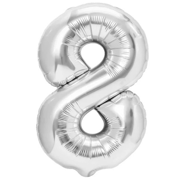Balon din Folie Metalizata, Flippy, Figurina Cifra, Tema Aniversare 100 cm, Ambalaj Individual, Pai inclus, Umflare cu Aer sau Heliu, Argintiu, Cifra 8