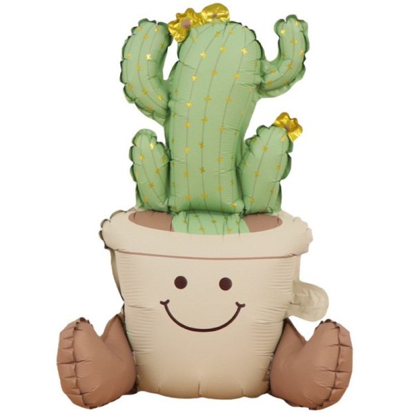 Balon din Folie Metalizata, Flippy, Figurina Animata, Model Ghivechi Cactus, 57.5 x 56 cm, Ambalaj Individual, Pai Inclus, Umflare cu Aer sau Heliu, Verde