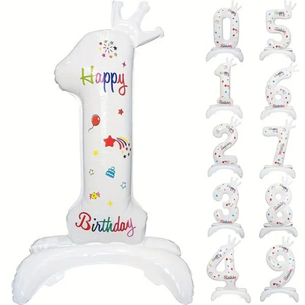 Balon din Folie Metalizata, Flippy, Figurina Cifra, Model 1 cu Happy Birthday Scris, Tema Aniversare 81 cm, Ambalaj Individual, Pai Inclus, Umflare cu Aer sau Heliu, Alb
