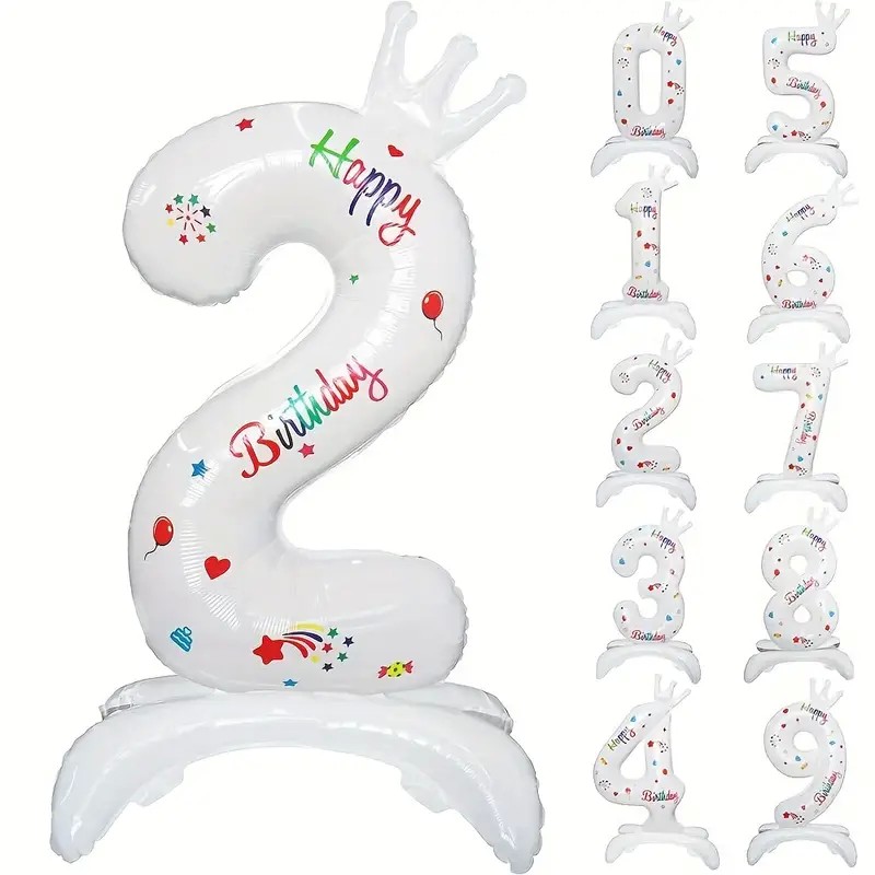 Balon din Folie Metalizata, Flippy, Figurina Cifra, Model 2 cu Happy Birthday Scris, Tema Aniversare 81 cm, Ambalaj Individual, Pai Inclus, Umflare cu Aer sau Heliu, Alb