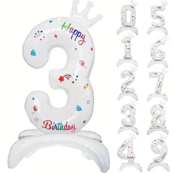 Balon din Folie Metalizata, Flippy, Figurina Cifra, Model 3 cu Happy Birthday Scris, Tema Aniversare 81 cm, Ambalaj Individual, Pai Inclus, Umflare cu Aer sau Heliu, Alb