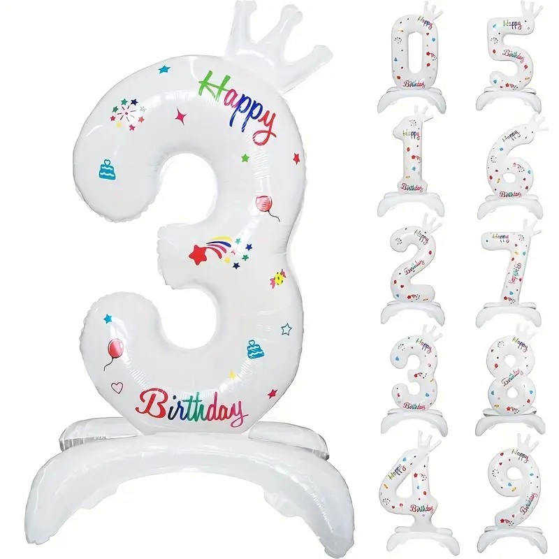 Balon din Folie Metalizata, Flippy, Figurina Cifra, Model 3 cu Happy Birthday Scris, Tema Aniversare 81 cm, Ambalaj Individual, Pai Inclus, Umflare cu Aer sau Heliu, Alb