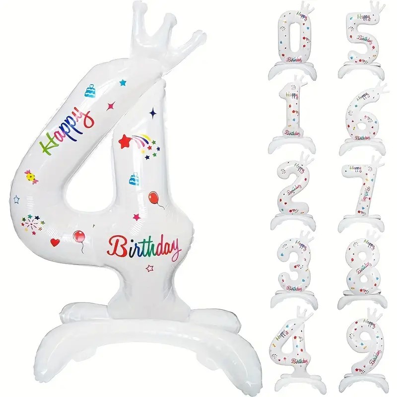 Balon din Folie Metalizata, Flippy, Figurina Cifra, Model 4 cu Happy Birthday Scris, Tema Aniversare 81 cm, Ambalaj Individual, Pai Inclus, Umflare cu Aer sau Heliu, Alb
