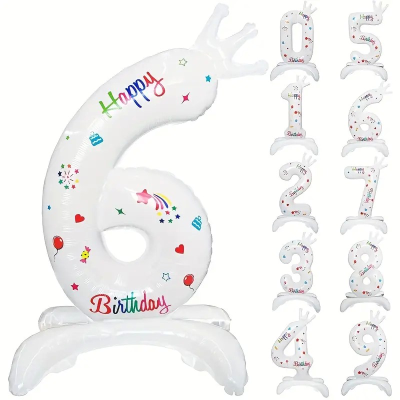 Balon din Folie Metalizata, Flippy, Figurina Cifra, Model 6 cu Happy Birthday Scris, Tema Aniversare 81 cm, Ambalaj Individual, Pai Inclus, Umflare cu Aer sau Heliu, Alb