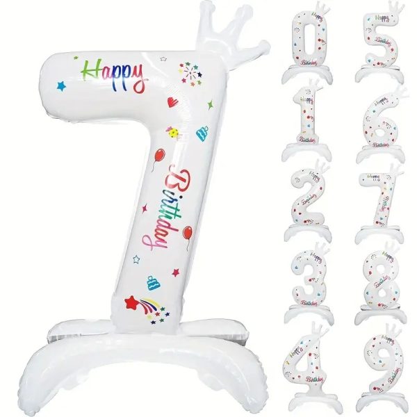 Balon din Folie Metalizata, Flippy, Figurina Cifra, Model 7 cu Happy Birthday Scris, Tema Aniversare 81 cm, Ambalaj Individual, Pai Inclus, Umflare cu Aer sau Heliu, Alb