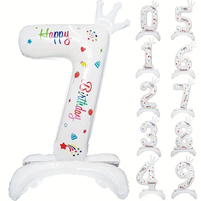 Balon din Folie Metalizata, Flippy, Figurina Cifra, Model 7 cu Happy Birthday Scris, Tema Aniversare 81 cm, Ambalaj Individual, Pai Inclus, Umflare cu Aer sau Heliu, Alb