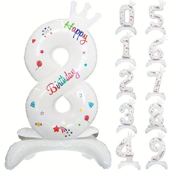 Balon din Folie Metalizata, Flippy, Figurina Cifra, Model 8 cu Happy Birthday Scris, Tema Aniversare 81 cm, Ambalaj Individual, Pai Inclus, Umflare cu Aer sau Heliu, Alb