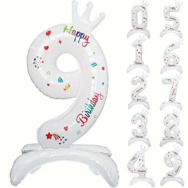 Balon din Folie Metalizata, Flippy, Figurina Cifra, Model 9 cu Happy Birthday Scris, Tema Aniversare 81 cm, Ambalaj Individual, Pai Inclus, Umflare cu Aer sau Heliu, Alb
