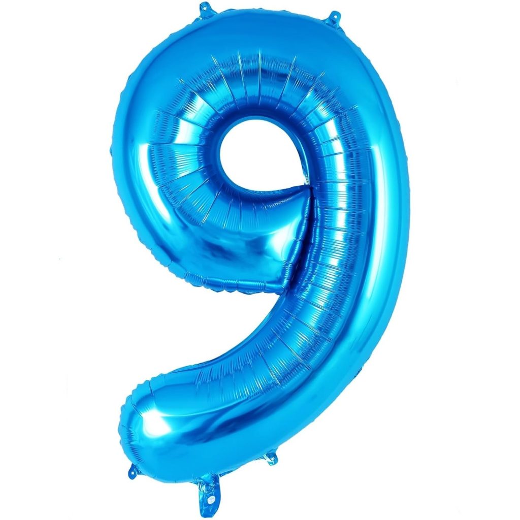 Balon din Folie Metalizata, Flippy, Figurina Cifra, Tema Aniversare 80 cm, Ambalaj Individual, Pai inclus, Umflare cu Aer sau Heliu, Albastru, Cifra 9