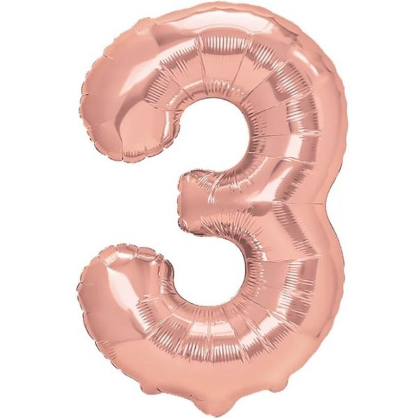 Balon din Folie Metalizata Flippy, Figurina Cifra, Tema Aniversare 80 cm, Ambalaj Individual, Pai inclus, Umflare cu Aer sau Heliu, Rose Gold, Cifra 3