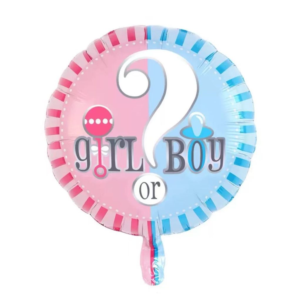 Balon din Folie Metalizata, Flippy, Figurina Rotunda, Model Girl or Boy, Tema Gender Reveal, 45 cm, Ambalaj Individual, Pai Inclus, Umflare cu Aer sau Heliu, Albastru/Roz