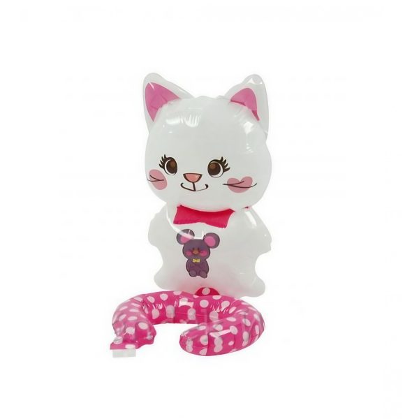 Balon din Folie Metalizata, Flippy, Figurine Animalute, Tip Bratara, Model Pisica, 13 x 35 cm, Ambalaj Individual, Pai Inclus, Umflare cu Aer sau Heliu, Alb