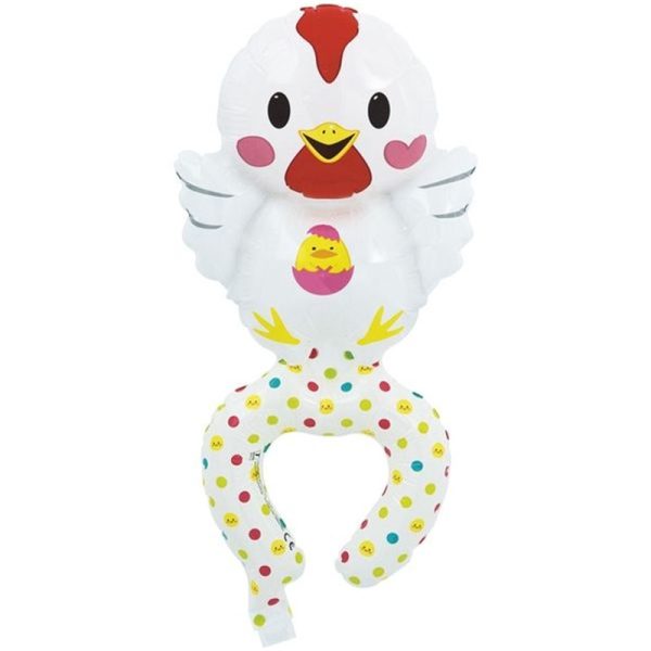 Balon din Folie Metalizata, Flippy, Figurine Animalute, Tip Bratara, Model Gaina, Ambalaj Individual, Pai Inclus, Umflare cu Aer sau Heliu, Alb