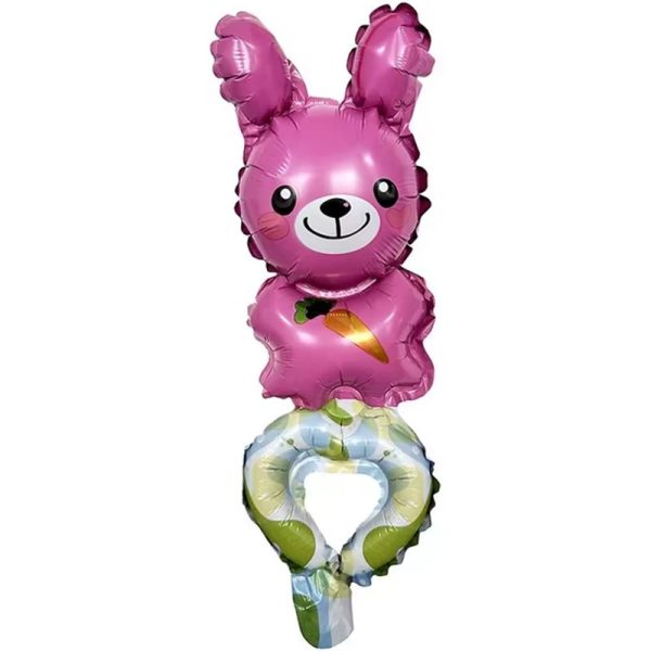 Balon din Folie Metalizata, Flippy, Figurine Animalute, Tip Bratara, Model Iepuras, Ambalaj Individual, Pai Inclus, Umflare cu Aer sau Heliu, Roz