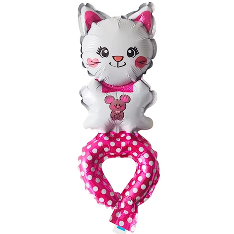 Balon din Folie Metalizata, Flippy, Figurine Animalute, Tip Bratara, Model Pisica, Ambalaj Individual, Pai Inclus, Umflare cu Aer sau Heliu, Alb