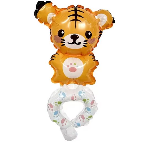 Balon din Folie Metalizata, Flippy, Figurine Animalute, Tip Bratara, Model Tigru, Ambalaj Individual, Pai Inclus, Umflare cu Aer sau Heliu, Portocaliu