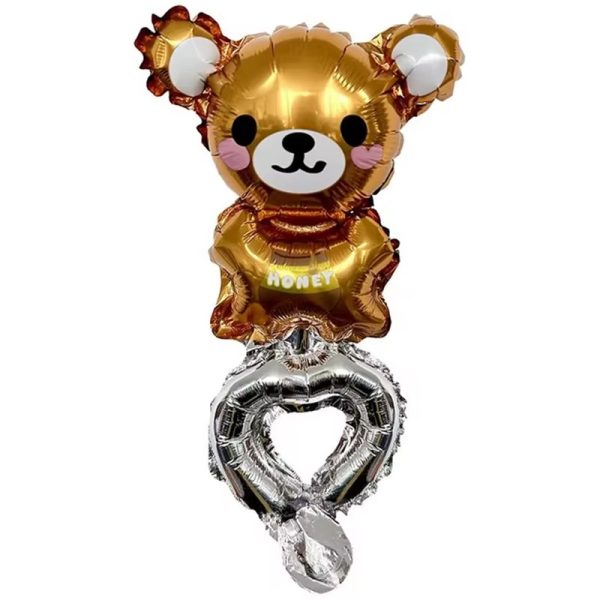 Balon din Folie Metalizata, Flippy, Figurine Animalute, Tip Bratara, Model Ursulet, Ambalaj Individual, Pai Inclus, Umflare cu Aer sau Heliu, Maro