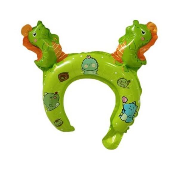 Balon din Folie Metalizata, Flippy, Tip Coronita cu Urechi, Model Dinozauri, Ambalaj Individual, Pai Inclus, Umflare cu Aer sau Heliu, 29 x 26.5 cm, Verde
