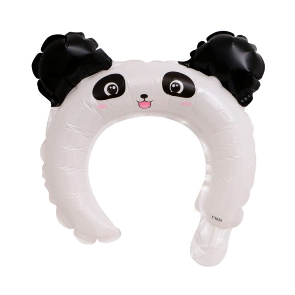 Balon din Folie Metalizata, Flippy, Tip Coronita cu Urechi, Model Panda, Ambalaj Individual, Pai Inclus, Umflare cu Aer sau Heliu, 27 x 28 cm, Alb/Negru