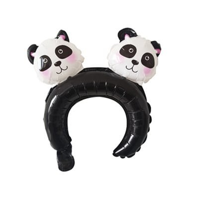 Balon din Folie Metalizata, Flippy, Tip Coronita cu Urechi, Model Panda, Ambalaj Individual, Pai Inclus, Umflare cu Aer sau Heliu, 30 x 27 cm, Albastru