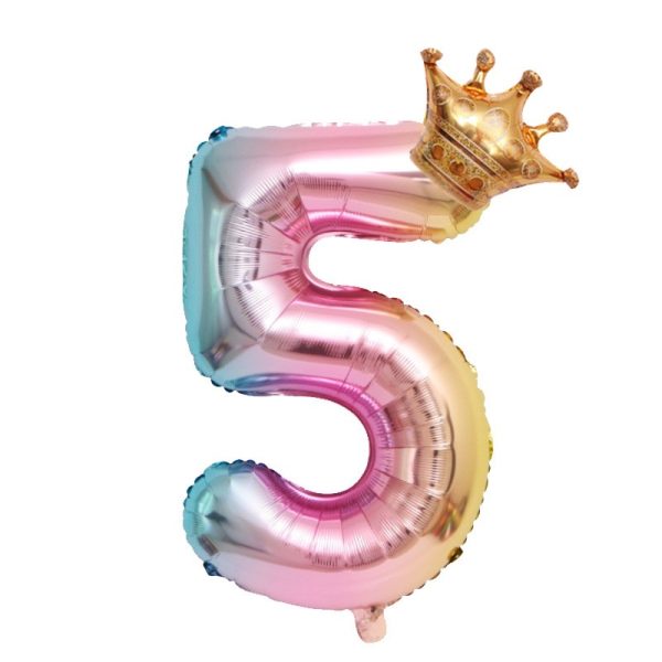 Balon din Folie Metalizata, Flippy, Figurina Cifra Gradient, Tema Aniversare 80 cm, Ambalaj Individual, Pai inclus, Umflare cu Aer sau Heliu, Coronita, Cifra 5