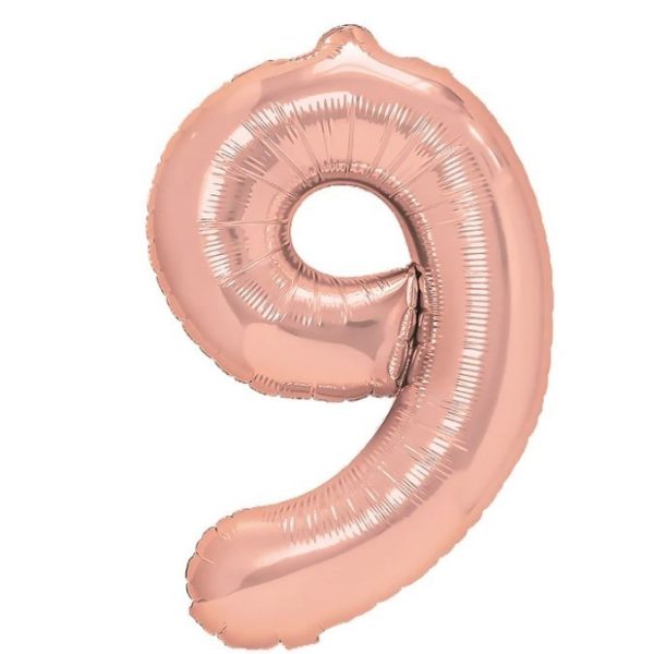 Balon din Folie Metalizata Flippy, Figurina Cifra, Tema Aniversare 100 cm, Ambalaj Individual, Pai inclus, Umflare cu Aer sau Heliu, Coral, Rose Gold, Cifra 9