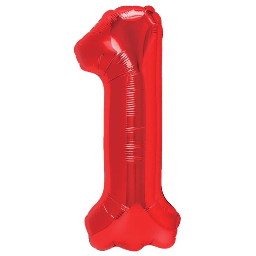Balon din Folie Metalizata Flippy, Figurina Cifra, Tema Aniversare 40 cm, Ambalaj Individual, Pai inclus, Umflare cu Aer sau Heliu, Rosu, Cifra 1