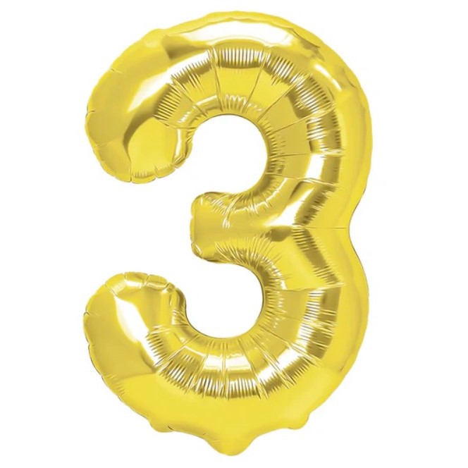Balon din Folie Metalizata Flippy, Figurina Cifra, Tema Aniversare 80 cm, Ambalaj Individual, Pai inclus, Umflare cu Aer sau Heliu, Auriu, Cifra 3