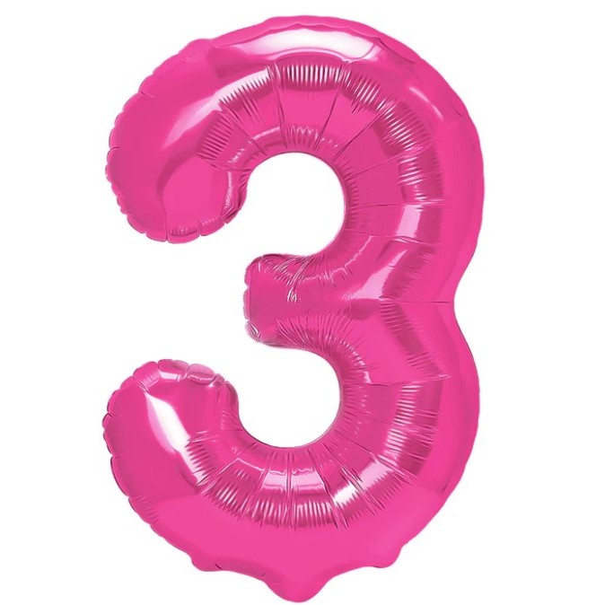 Balon din Folie Metalizata Flippy, Figurina Cifra, Tema Aniversare 40 cm, Ambalaj Individual, Pai inclus, Umflare cu Aer sau Heliu, Roz, Cifra 3