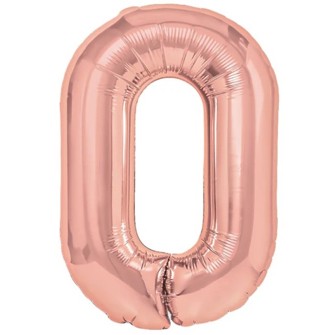 Balon din Folie Metalizata Flippy, Figurina Cifra, Tema Aniversare 40 cm, Ambalaj Individual, Pai inclus, Umflare cu Aer sau Heliu, Rose Gold, Cifra 0