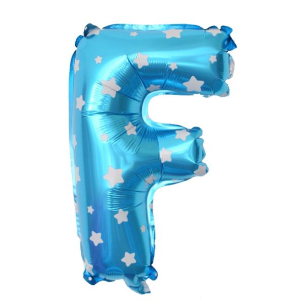 Balon Folie Metalizata Litera F, Flippy, 40 cm, Cu Imprimeu Stelute, Umflati cu Heliu sau Aer, Ambalaj Individual, Pai inclus, Albastru