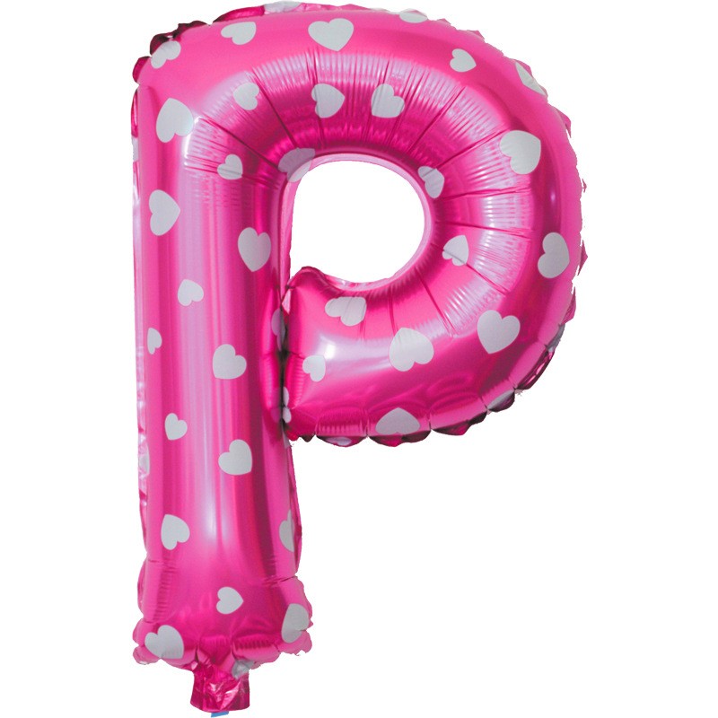 Balon Folie Metalizata Litera P, Flippy, 40 cm, Cu Imprimeu Inimioare, Umflati cu Heliu sau Aer, Ambalaj Individual, Pai inclus, Roz