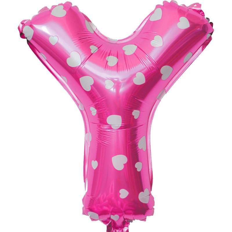 Balon Folie Metalizata Litera Y, Flippy, 40 cm, Cu Imprimeu Inimioare, Umflati cu Heliu sau Aer, Ambalaj Individual, Pai inclus, Roz