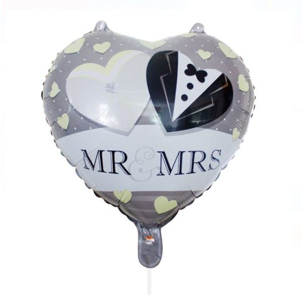 Balon din Folie Metalizata, Flippy, Figurina Inima, Model Mr&Mrs, Tema Nunta, 45 cm, Ambalaj Individual, Pai Inclus, Umflare cu Aer sau Heliu, Gri