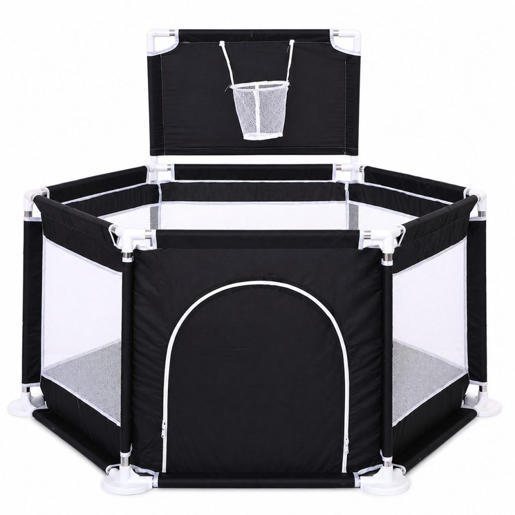 Tarc de Joaca pentru Copii cu Cos de Baschet, Flippy, Usa cu Fermoar, Plasa Laterala, Structura Stabila, Dimensiune 130x115x65 cm, Negru